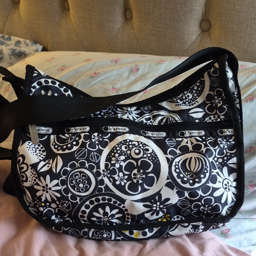 LeSportsac Black and White Floral Shoulder Crossbody Zip Bag